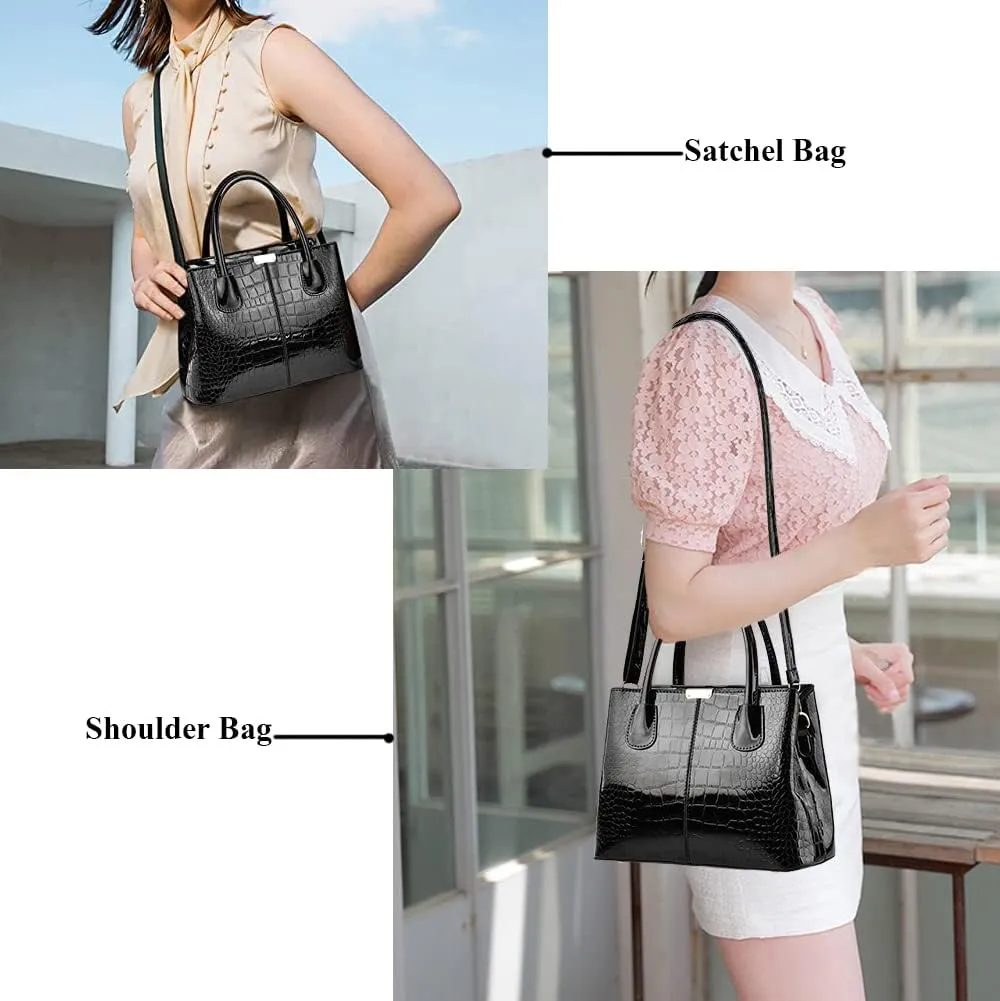Downupdown Women Handbags Classic Top Handle Purse Shiny Patent Leather Crocodile Pattern Totes Stylish Satchel Shoulder Bag
