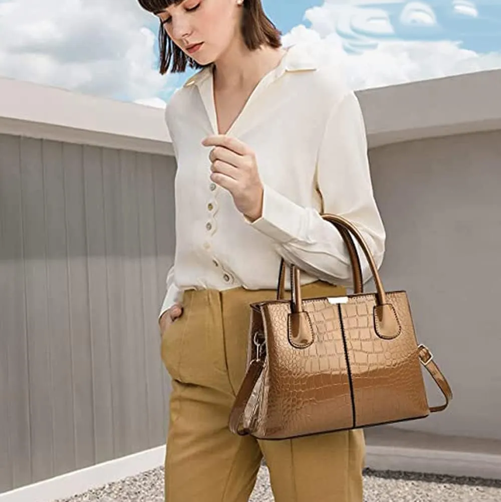 Downupdown Women Handbags Classic Top Handle Purse Shiny Patent Leather Crocodile Pattern Totes Stylish Satchel Shoulder Bag