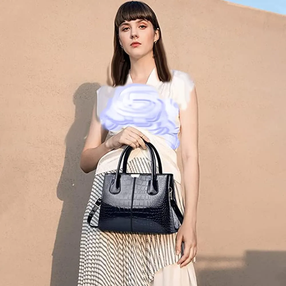 Downupdown Women Handbags Classic Top Handle Purse Shiny Patent Leather Crocodile Pattern Totes Stylish Satchel Shoulder Bag
