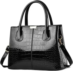 Downupdown Women Handbags Classic Top Handle Purse Shiny Patent Leather Crocodile Pattern Totes Stylish Satchel Shoulder Bag