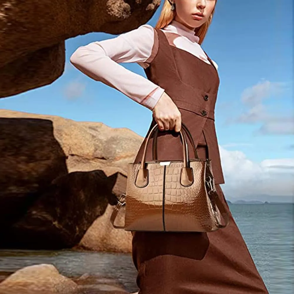 Downupdown Women Handbags Classic Top Handle Purse Shiny Patent Leather Crocodile Pattern Totes Stylish Satchel Shoulder Bag