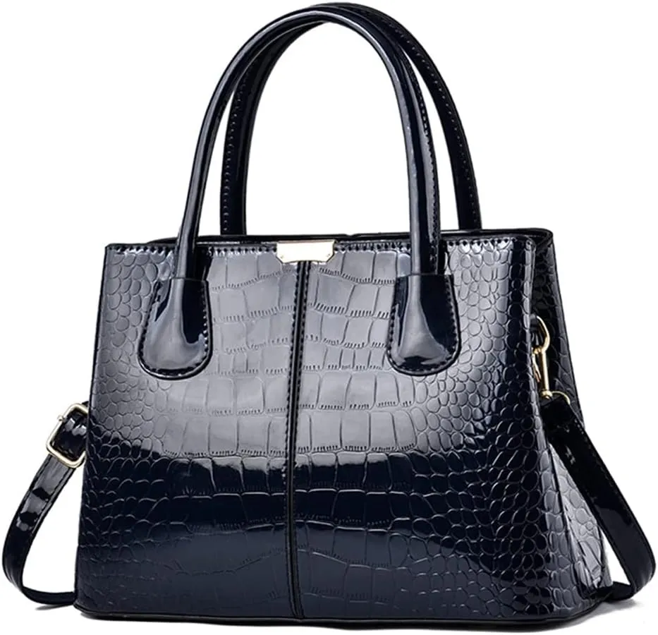 Downupdown Women Handbags Classic Top Handle Purse Shiny Patent Leather Crocodile Pattern Totes Stylish Satchel Shoulder Bag