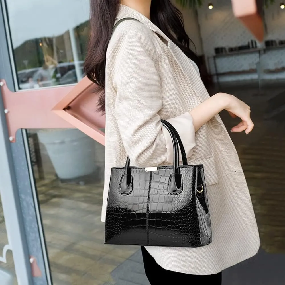 Downupdown Women Handbags Classic Top Handle Purse Shiny Patent Leather Crocodile Pattern Totes Stylish Satchel Shoulder Bag