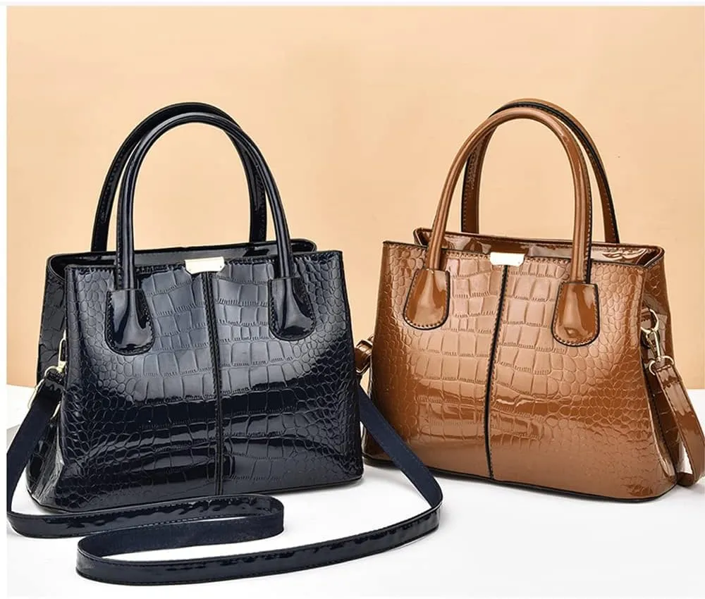 Downupdown Women Handbags Classic Top Handle Purse Shiny Patent Leather Crocodile Pattern Totes Stylish Satchel Shoulder Bag