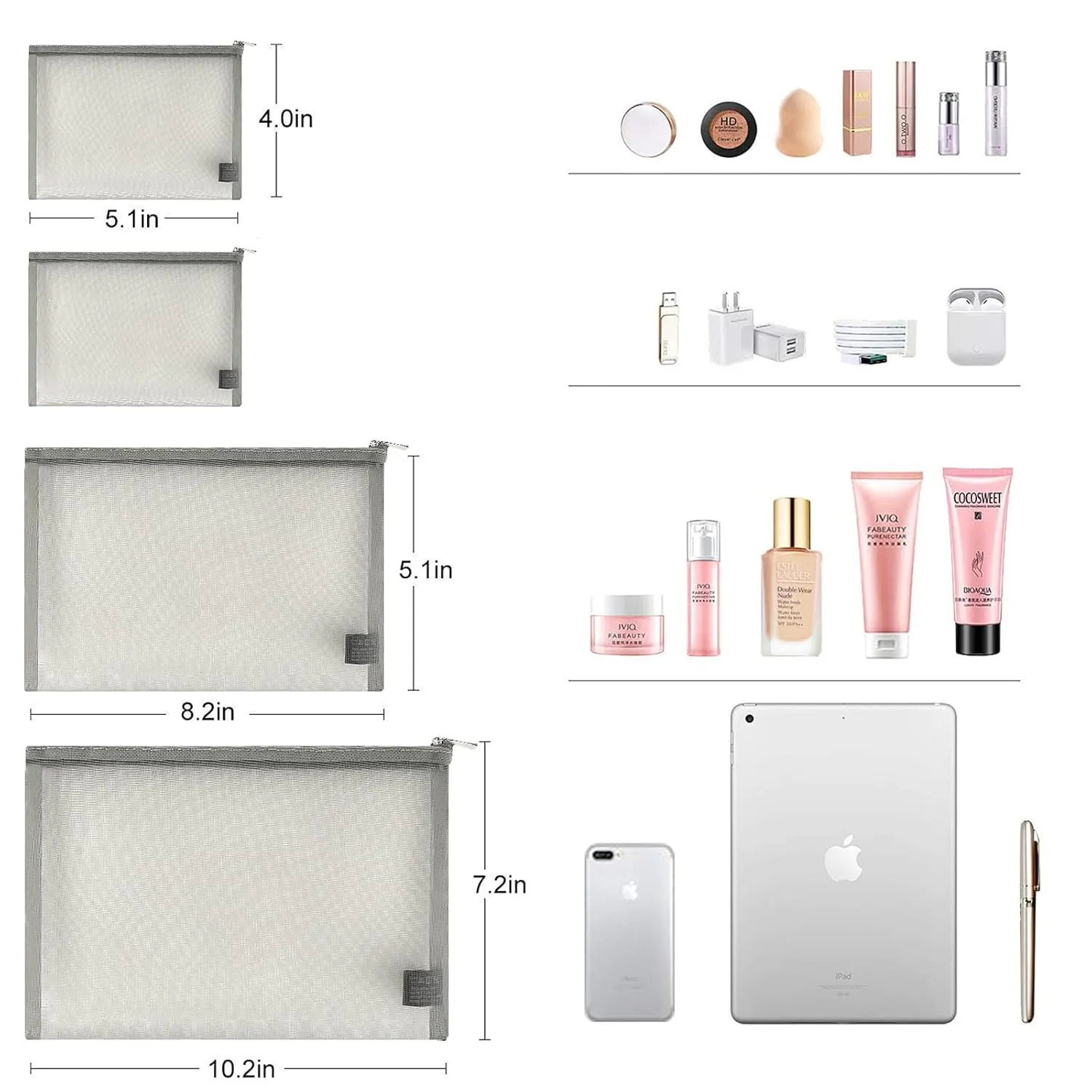 EASYFUN Mesh Pouch, Make up Bag with Zipper Cosmetic Organizer Pouch for Daily or Travel to Keep Small Items, 4 PCS Grey