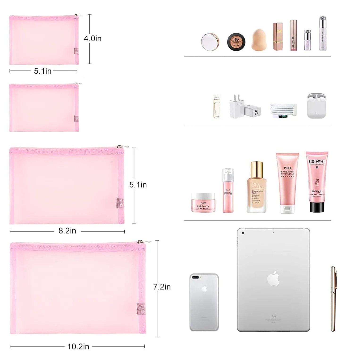 EASYFUN Mesh Pouch, Make up Bag with Zipper Cosmetic Organizer Pouch for Daily or Travel to Keep Small Items, 4 PCS Pink