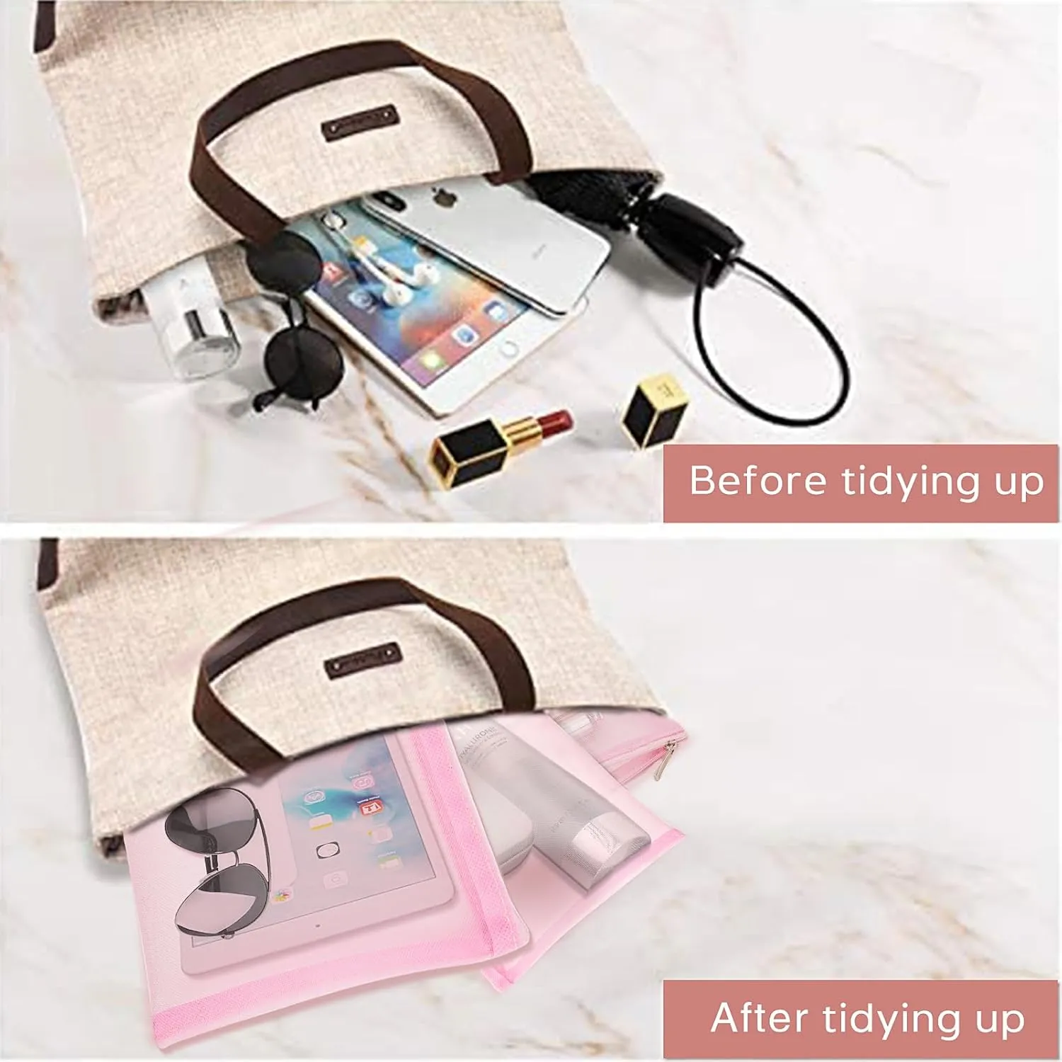 EASYFUN Mesh Pouch, Make up Bag with Zipper Cosmetic Organizer Pouch for Daily or Travel to Keep Small Items, 4 PCS Pink