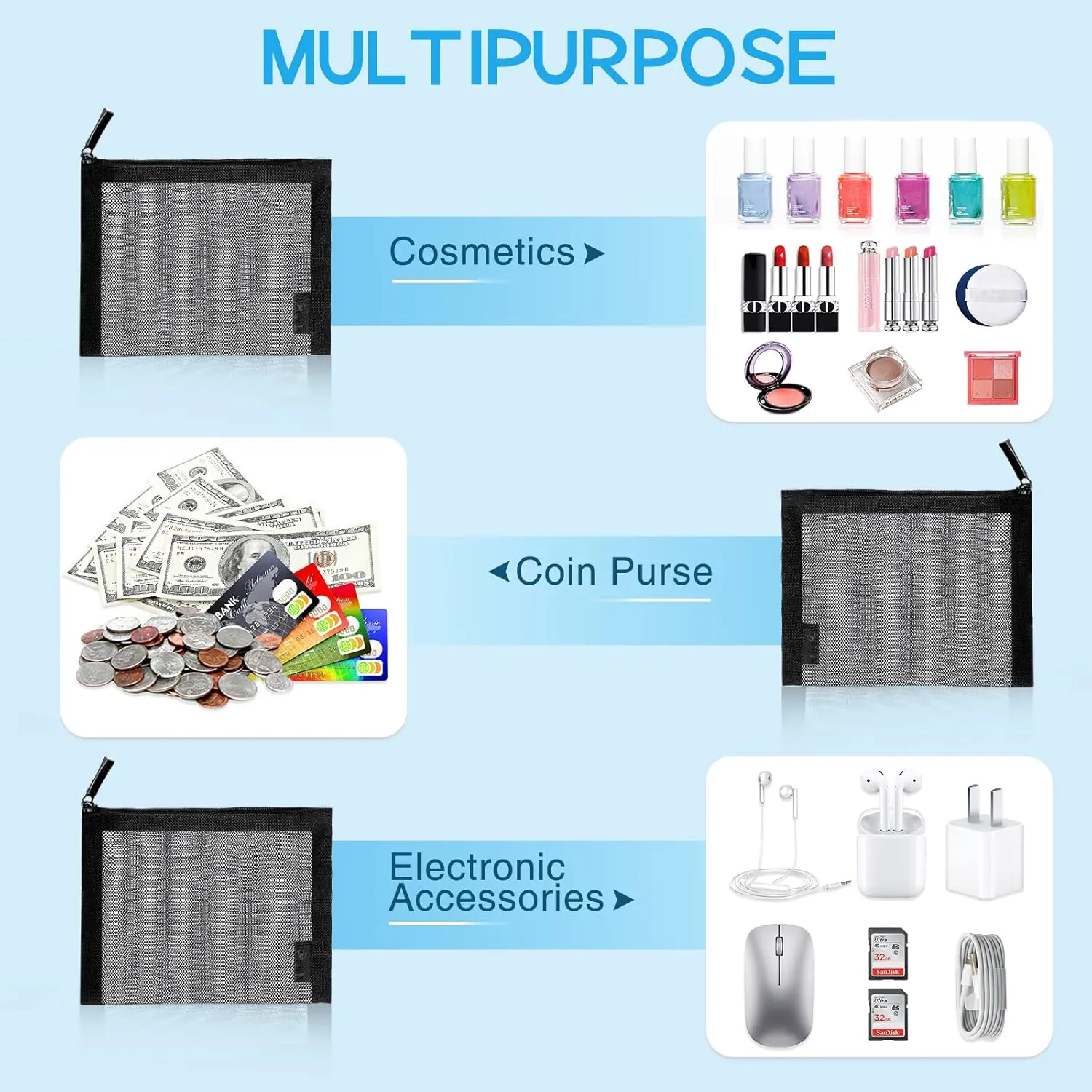 EASYFUN Small Zipper Pouch6 Pieces Mini Mesh Pouch Coin Purse Portable Cosmetic Case Mesh Storage Bags with Key Kit Small Item Organizer,5 x 4 Inch