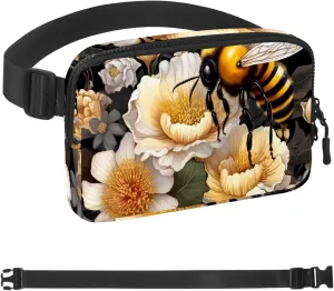 Even Flowers Bee Fanny Packs for Women Men, Crossbody Belt Bag with Zipper Pockets,Waterproof Waist Packs with Adjustable Strap for Workout Running Traveling Hiking