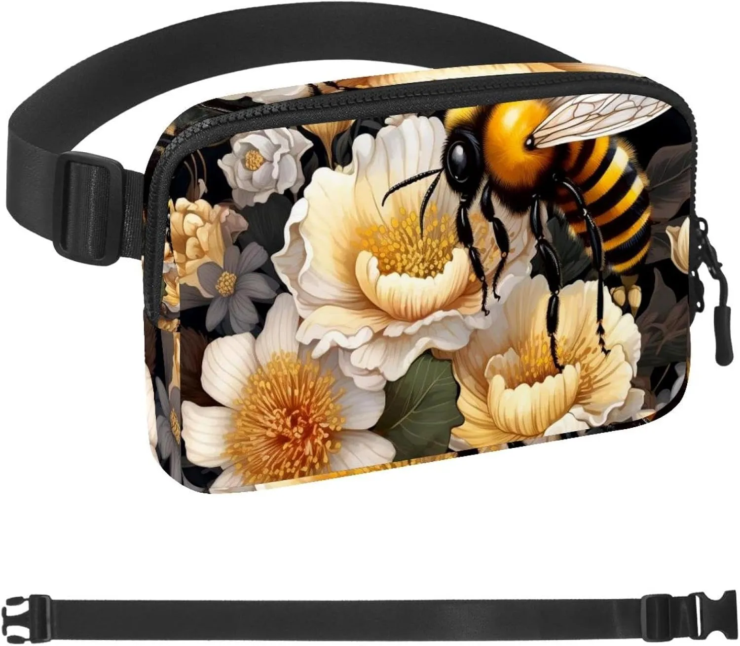 Even Flowers Bee Fanny Packs for Women Men, Crossbody Belt Bag with Zipper Pockets,Waterproof Waist Packs with Adjustable Strap for Workout Running Traveling Hiking