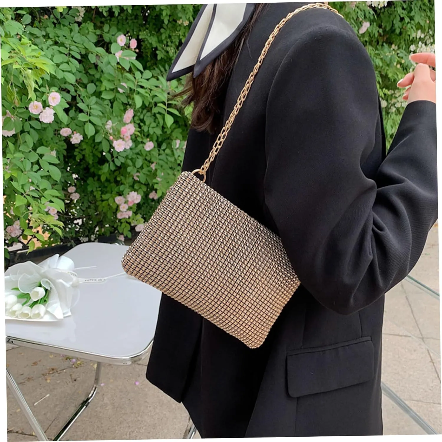 Evening Bags for Women Sparkly Sequin Clutch Bags with Detachable Chain Strap and Zipper Bling Rhinestone Clutch