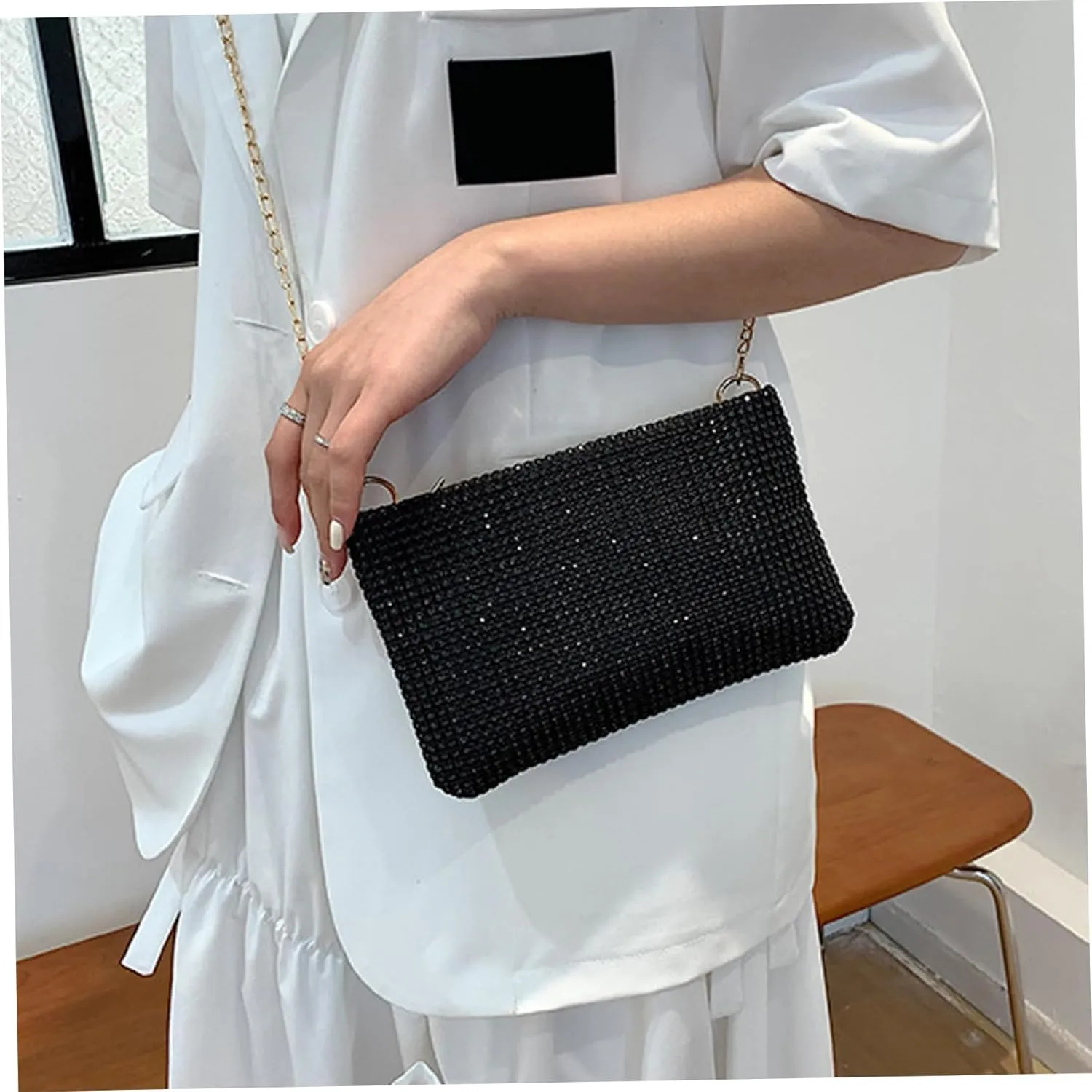Evening Bags for Women Sparkly Sequin Clutch Bags with Detachable Chain Strap and Zipper Bling Rhinestone Clutch