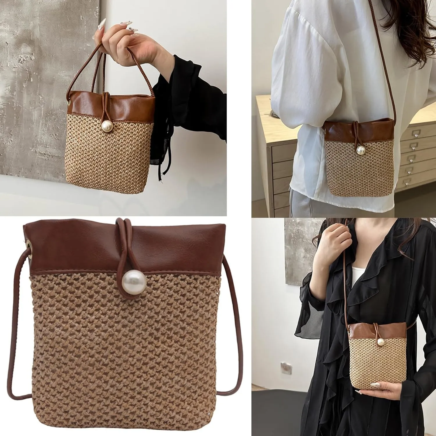 Eye Catching Woven Phone Bag Delicate Shoulder Bags Straw Bucket Bag Crossbody Purse PU Leather Handbag for Women