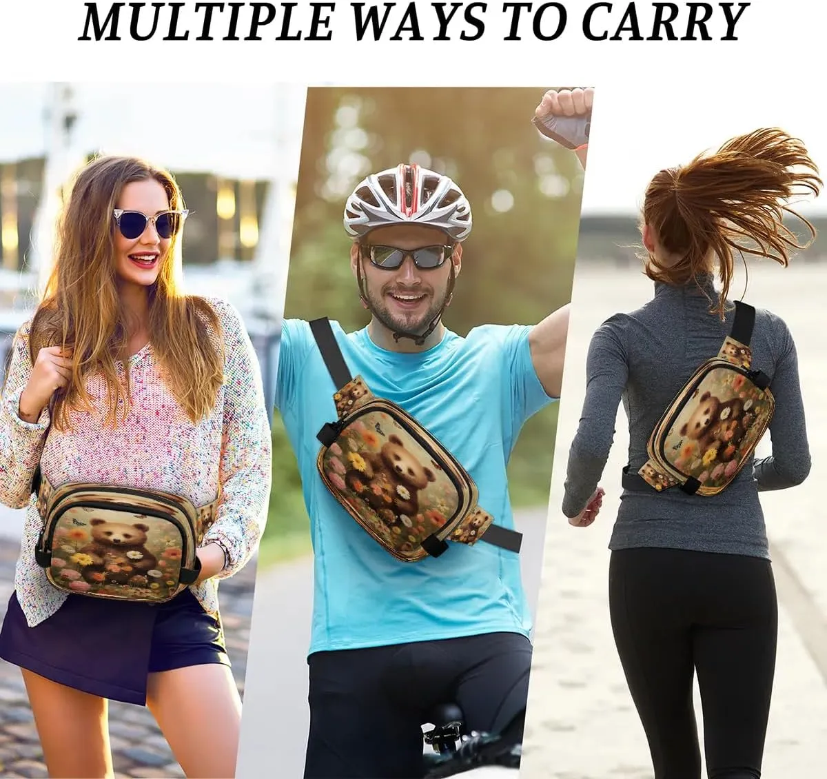 Fanny Pack Crossbody for Women Men Bear Flowers Fanny Pack Cross Body Bag for Shopping Traveling Running Hiking Cycling