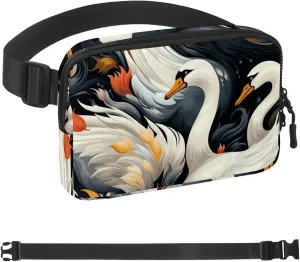 Feather Textured Swan Fanny Packs for Women Men, Crossbody Belt Bag with Zipper Pockets,Waterproof Waist Packs with Adjustable Strap for Workout Running Traveling Hiking