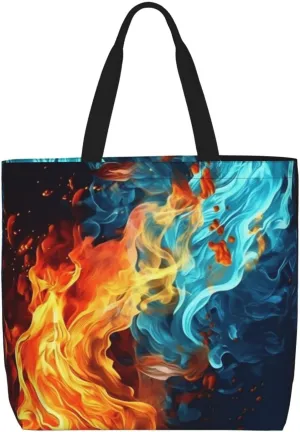 Fire And Water Pattern Tote Bag for Women Hobo Handbags with Zipper Large Shoulder Bag Shopping Bags Travel Purse
