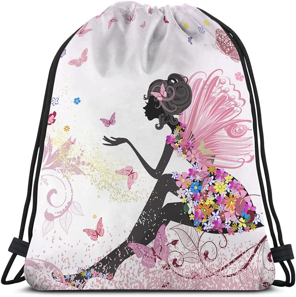 Flower Fairy Drawstring Bags Backpack Bag Beautiful Butterfly With Pink Wings Elves Wildfloral Leaves Sport Gym Sack Drawstring Bag String Bag Yoga Bag for Men Women