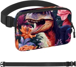 Flowering Dinosaur Fanny Packs for Women Men, Crossbody Belt Bag with Zipper Pockets,Waterproof Waist Packs with Adjustable Strap for Workout Running Traveling Hiking