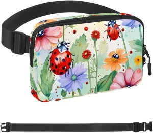 Flowers and Ladybugs Fanny Packs for Women Men, Crossbody Belt Bag with Zipper Pockets,Waterproof Waist Packs with Adjustable Strap for Workout Running Traveling Hiking