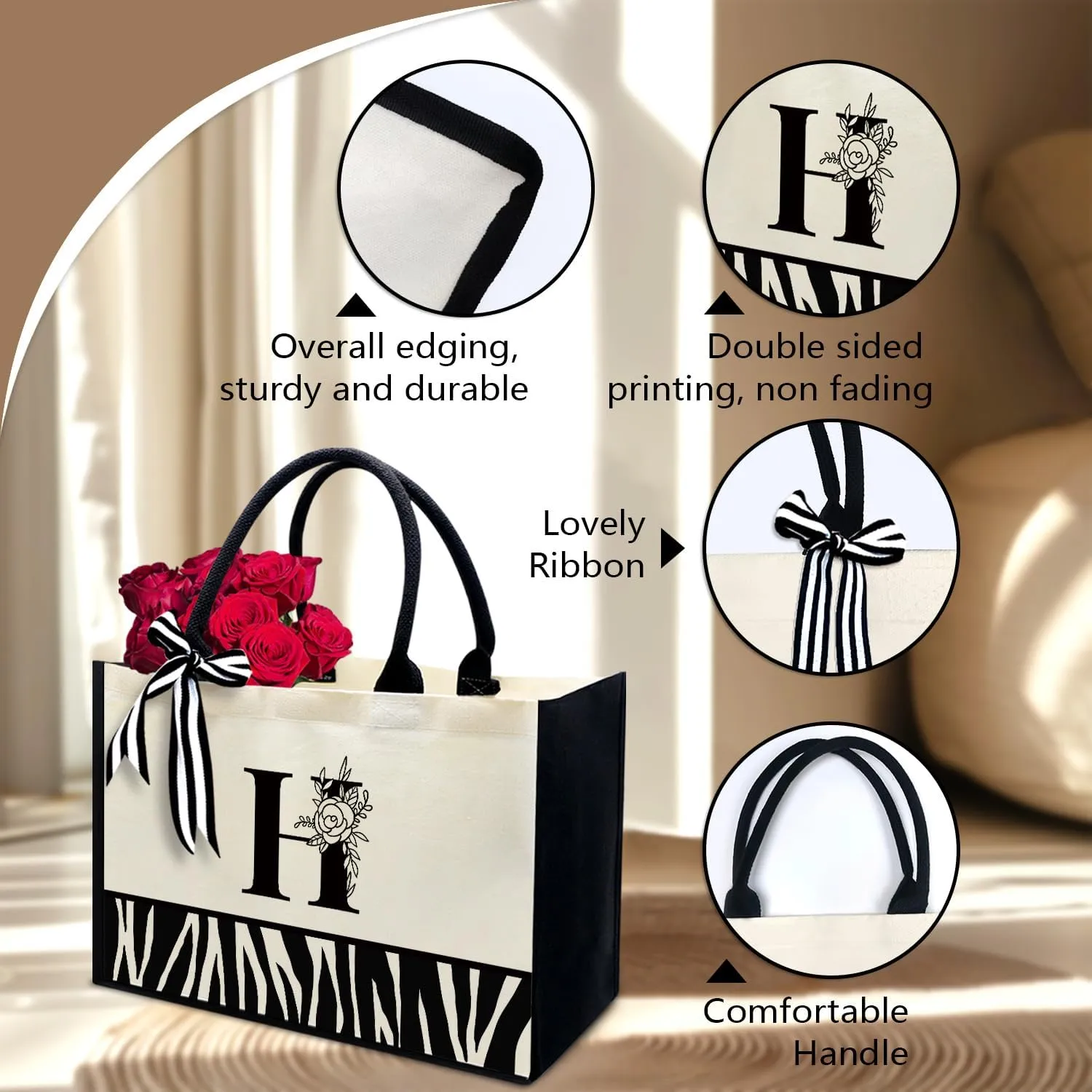 FOURTH WING Initial Canvas Tote Bag,Personalized Gifts Tote Bags for Women Moms,Teachers,Friends,Birthdays,Beaches,Wedding