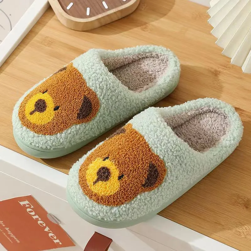 Fun Cute Bear Illustrated Comfort Cozy Plush Fluffy Fur Slip On Cushion Slippers