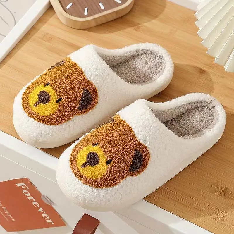 Fun Cute Bear Illustrated Comfort Cozy Plush Fluffy Fur Slip On Cushion Slippers