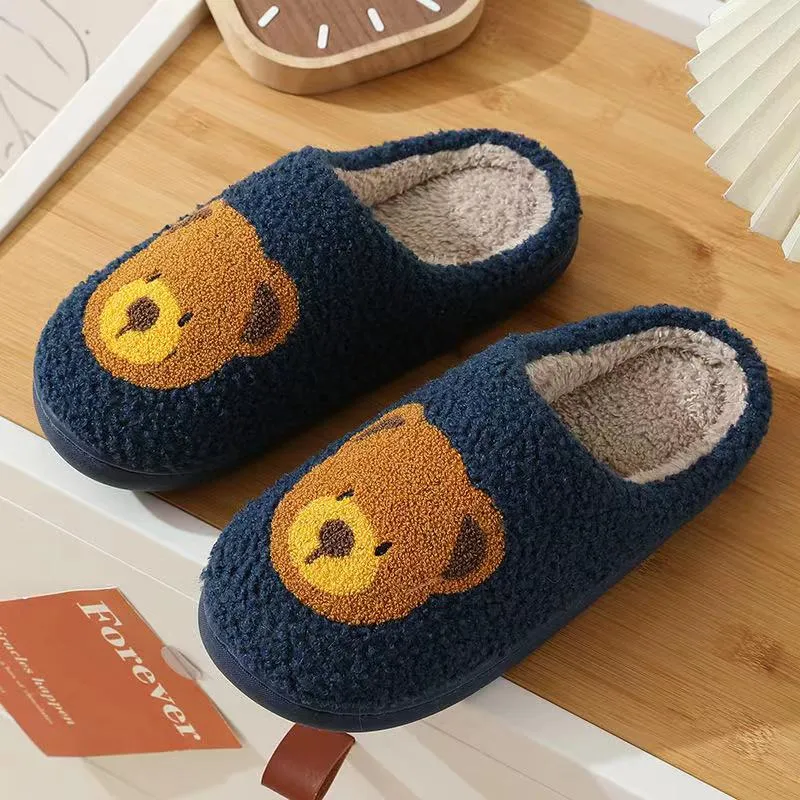Fun Cute Bear Illustrated Comfort Cozy Plush Fluffy Fur Slip On Cushion Slippers