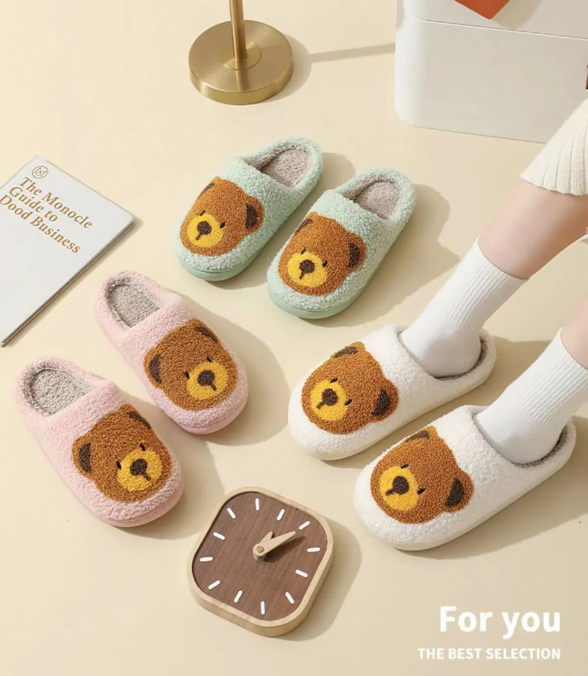 Fun Cute Bear Illustrated Comfort Cozy Plush Fluffy Fur Slip On Cushion Slippers
