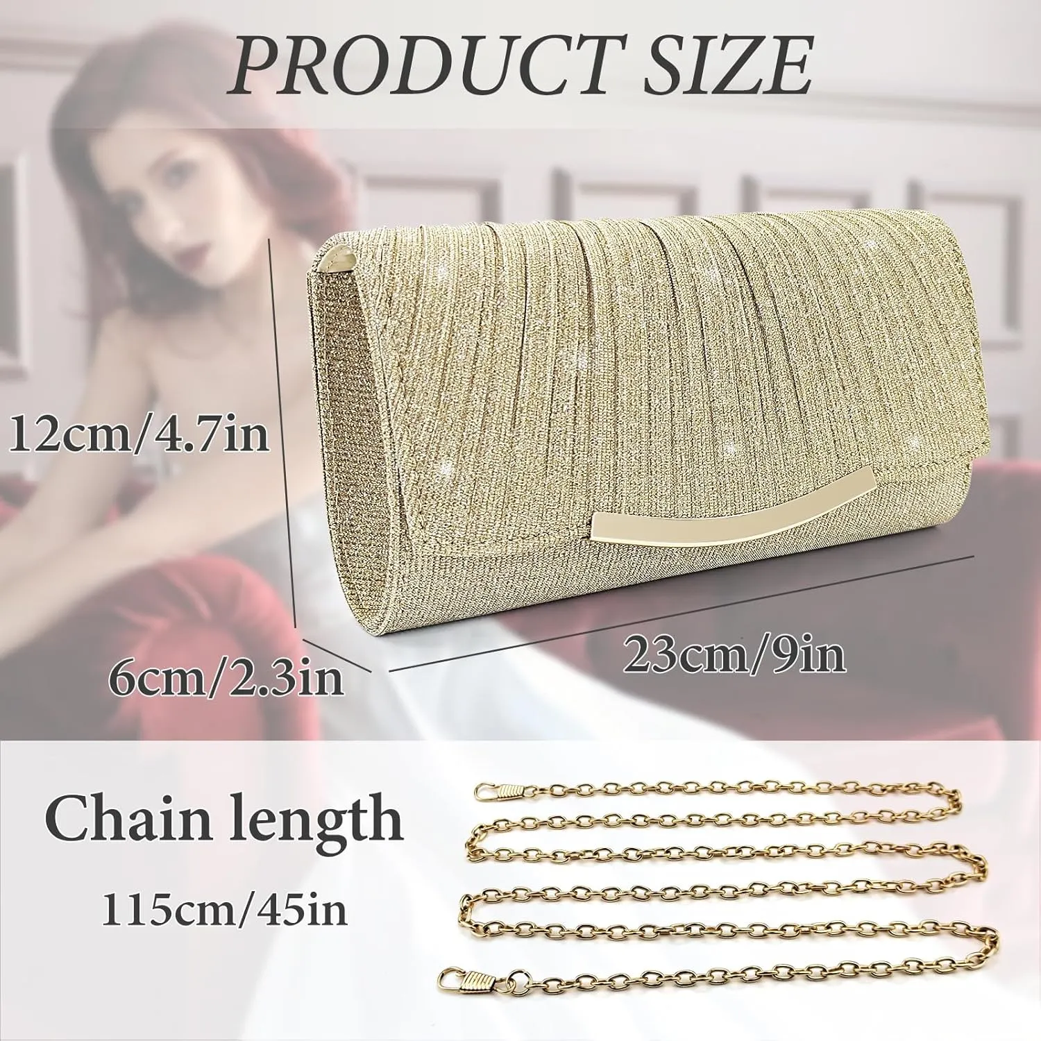 FuninCrea Clutch Purses for Women Envelope Evening Bag with Detachable Chain, Elegant Sequins Evening Clutch Bag for Banquets