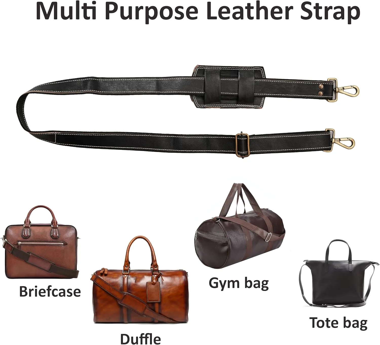 Genuine Leather Bag Strap  Adjustable 60 Inch Full Grain Crossbody Replacement Strap for Handbags, Purses, Shoulder Bags  Heavy Duty Black Leather Strap with Gold Hardware