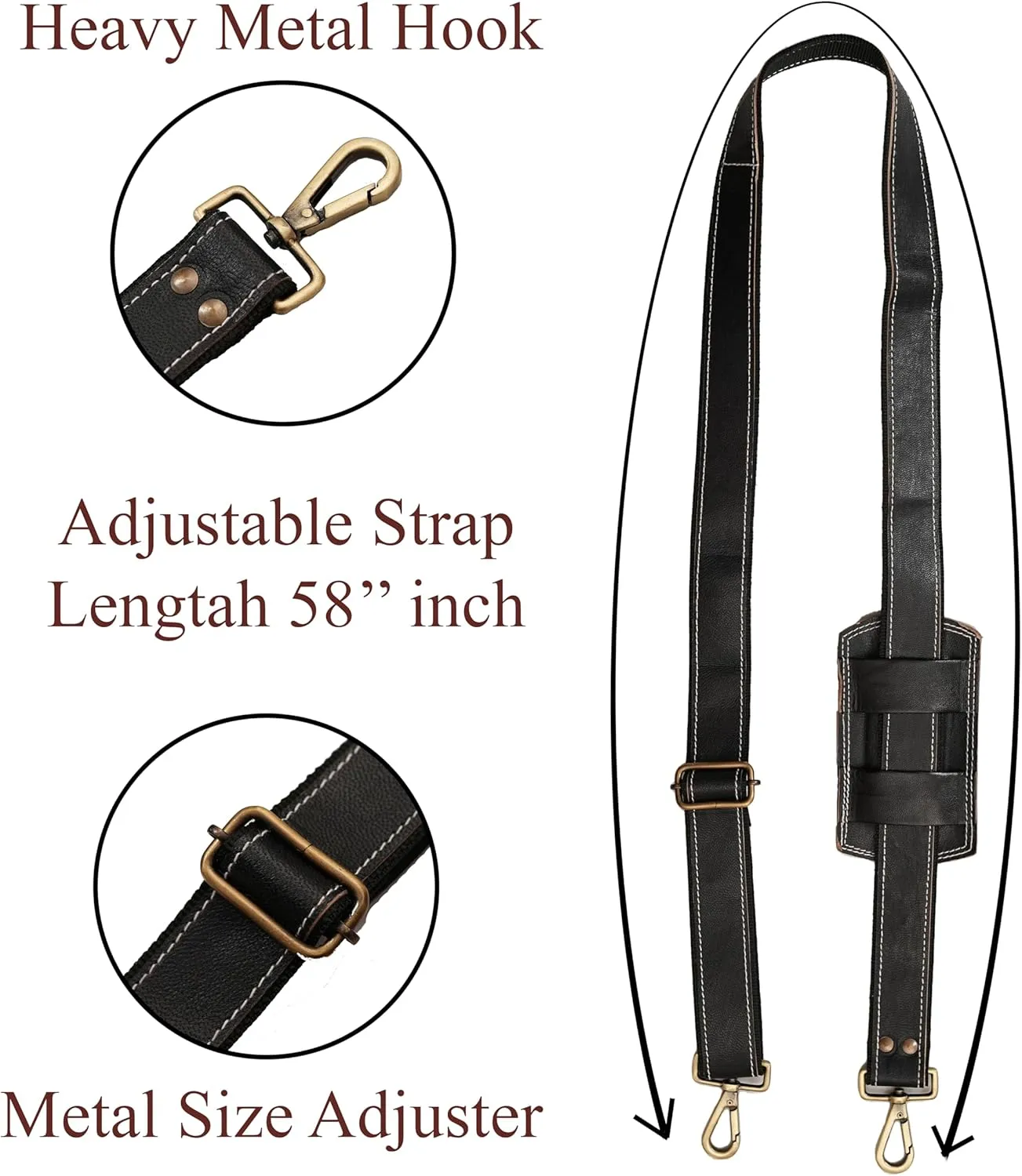 Genuine Leather Bag Strap  Adjustable 60 Inch Full Grain Crossbody Replacement Strap for Handbags, Purses, Shoulder Bags  Heavy Duty Black Leather Strap with Gold Hardware