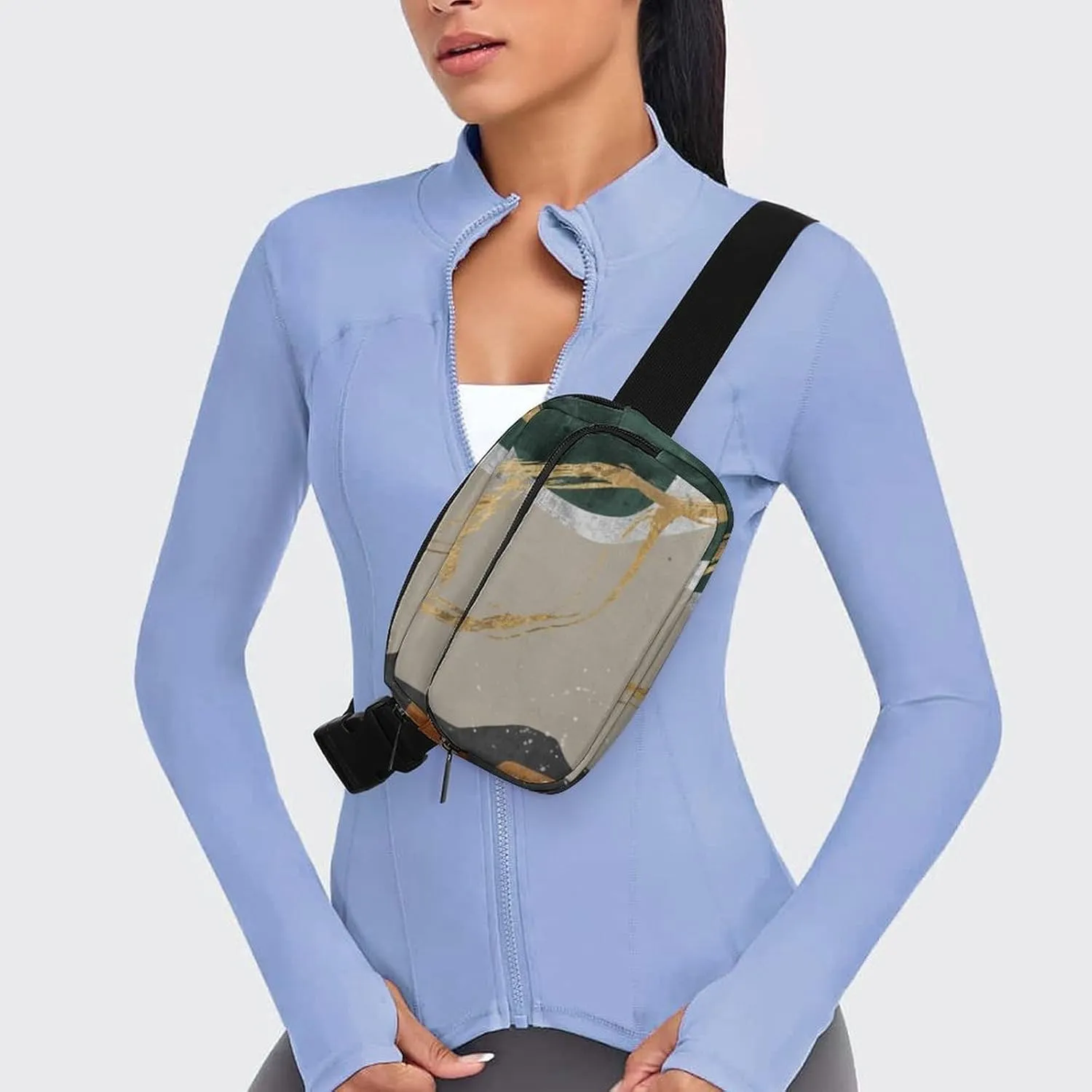 Geometric Abstract Art Fanny Pack Belt Bag with Adjustable Strap Gold Line Modern Art Waist Packs Small Pouch Crossbody Bags for Hiking Running Cycling Traveling