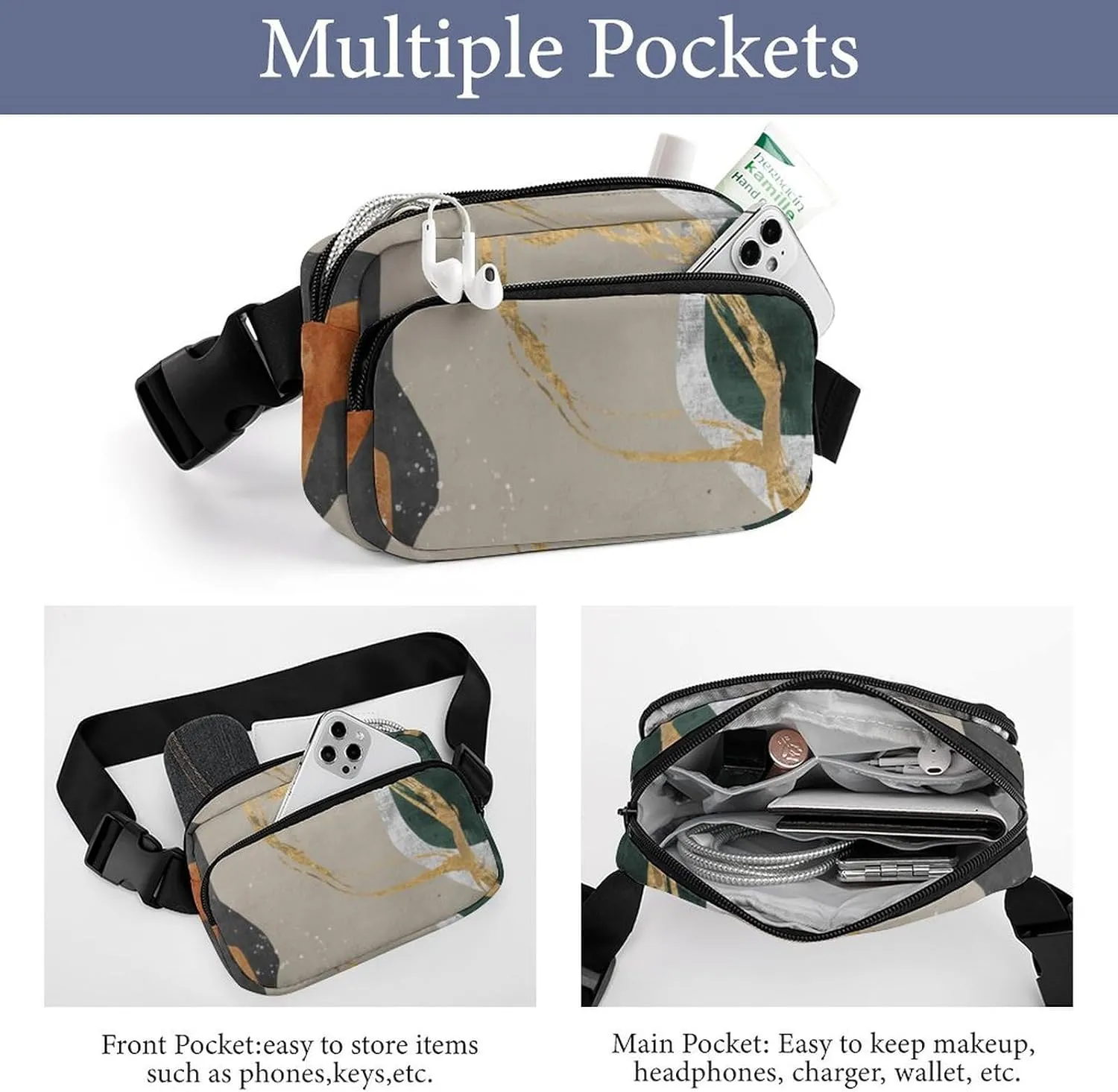 Geometric Abstract Art Fanny Pack Belt Bag with Adjustable Strap Gold Line Modern Art Waist Packs Small Pouch Crossbody Bags for Hiking Running Cycling Traveling