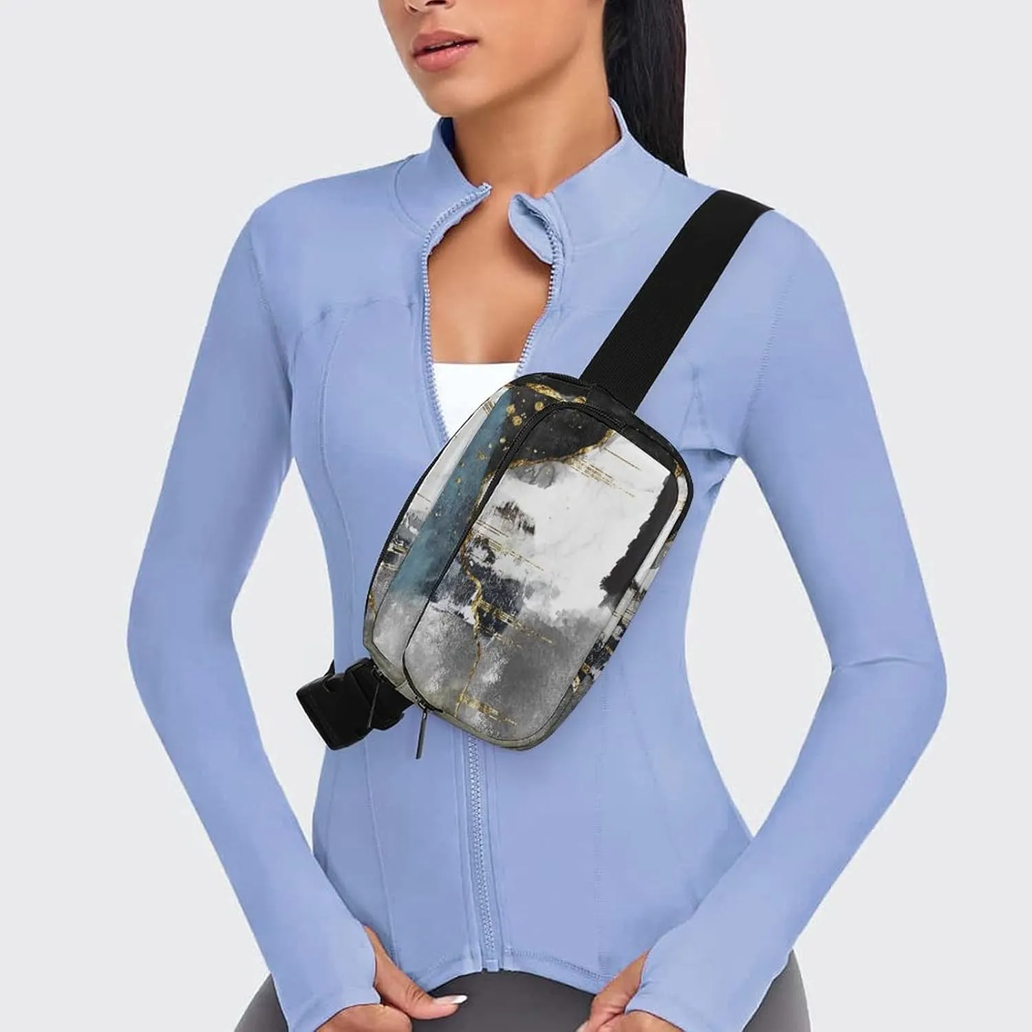 Gold Black Modern Abstract Art Painting Fanny Pack Belt Bag with Adjustable Strap Waist Packs Small Pouch Crossbody Bags for Hiking Running Cycling Traveling