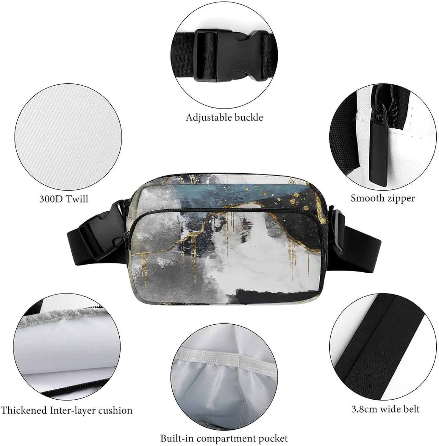 Gold Black Modern Abstract Art Painting Fanny Pack Belt Bag with Adjustable Strap Waist Packs Small Pouch Crossbody Bags for Hiking Running Cycling Traveling