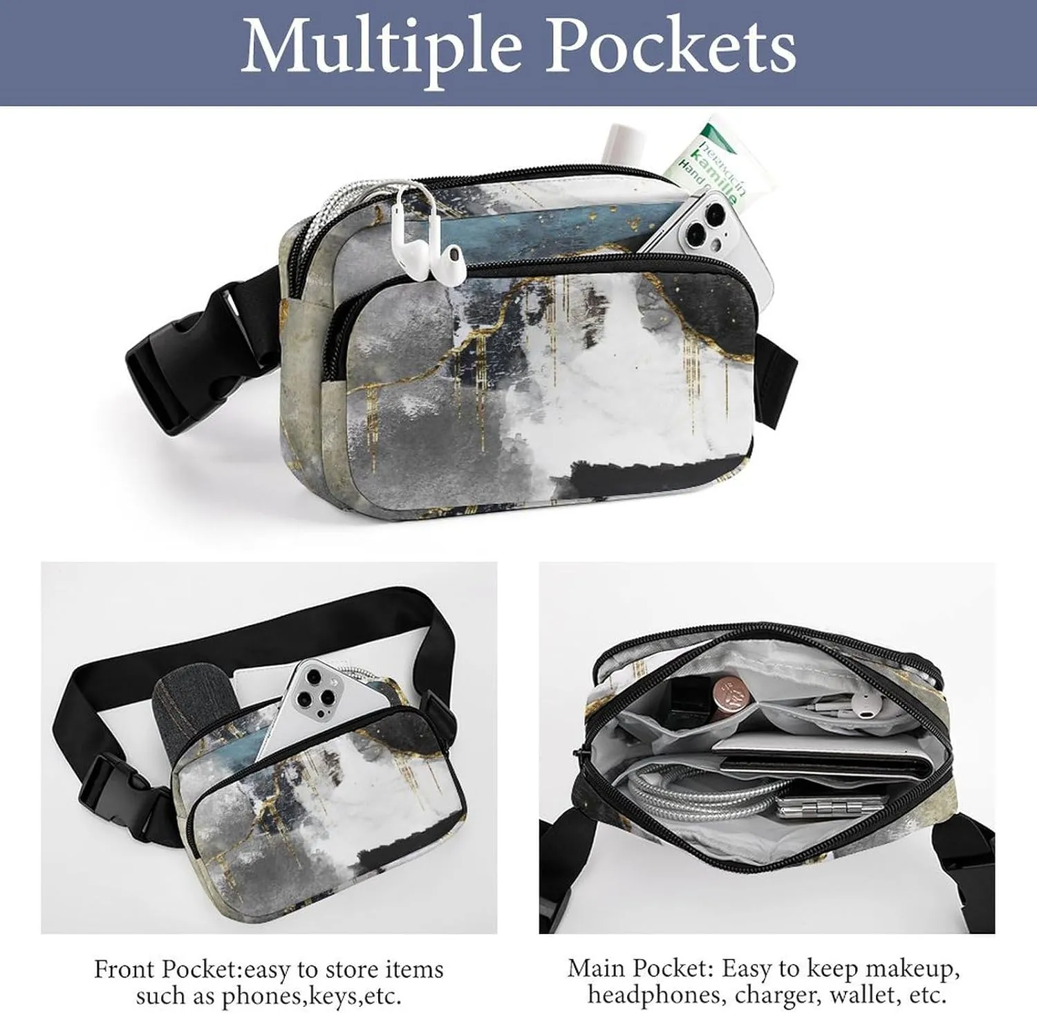 Gold Black Modern Abstract Art Painting Fanny Pack Belt Bag with Adjustable Strap Waist Packs Small Pouch Crossbody Bags for Hiking Running Cycling Traveling