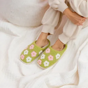 Green Flower Fuzzy Slippers