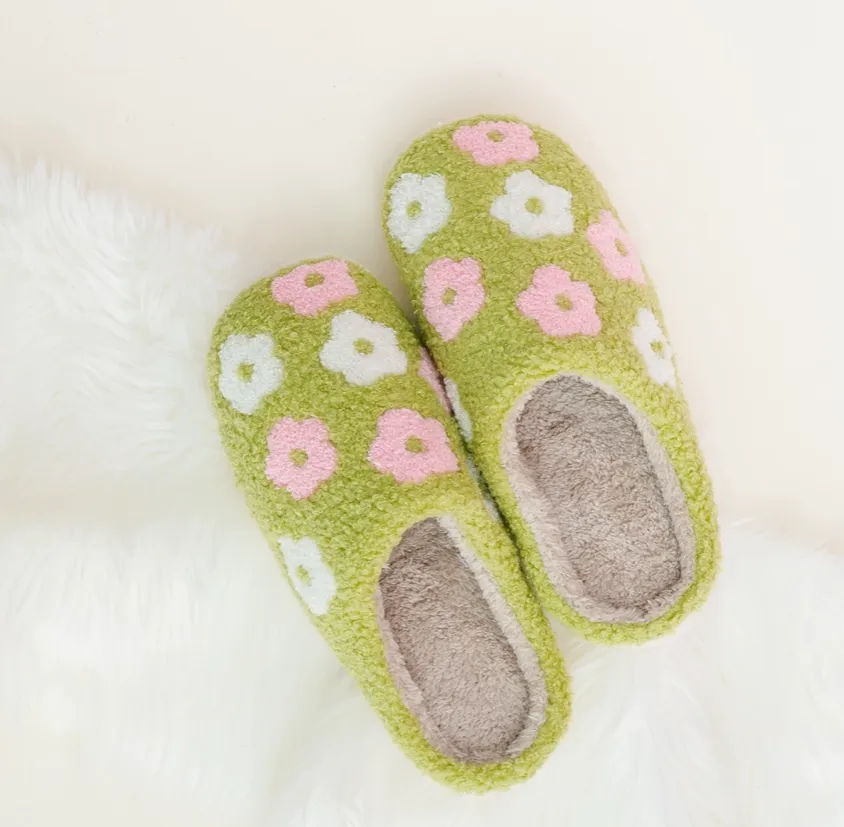 Green Flower Fuzzy Slippers