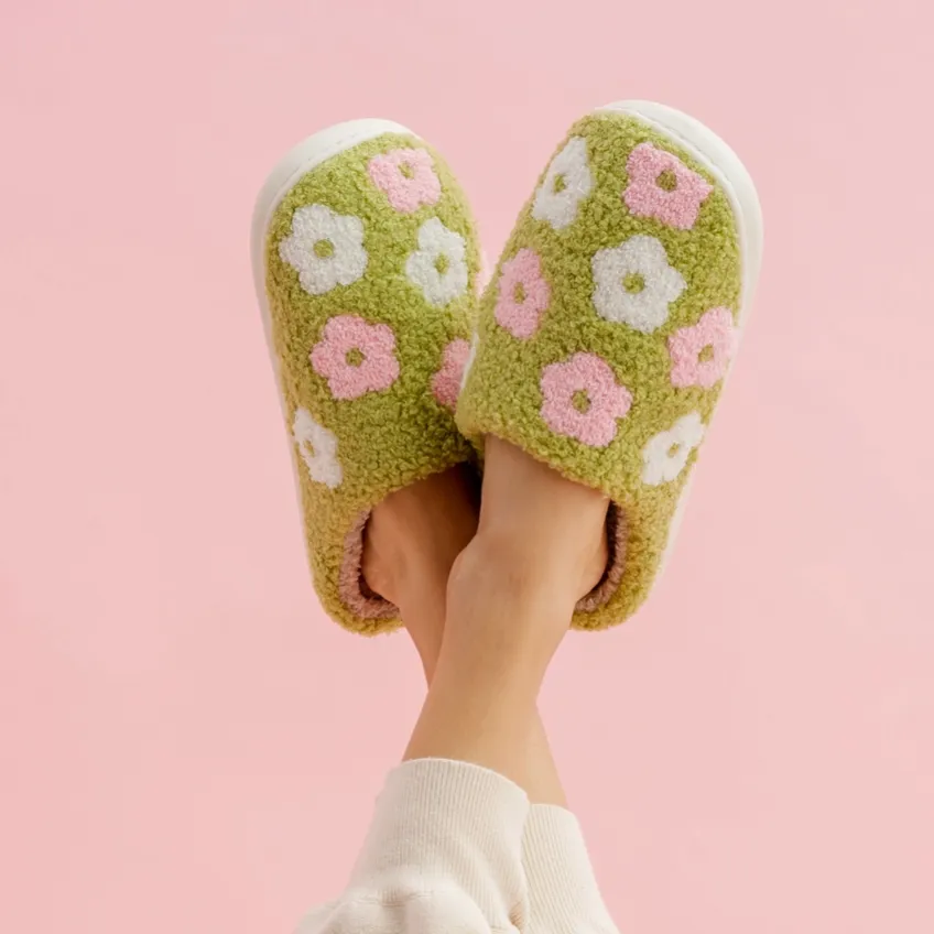 Green Flower Fuzzy Slippers