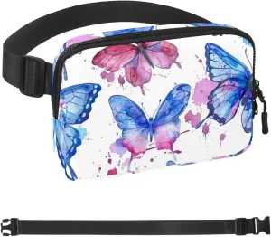 Hand Drawn Watercolor Butterflies Fanny Packs for Women Men, Crossbody Belt Bag with Zipper Pockets,Waterproof Waist Packs with Adjustable Strap for Workout Running Traveling Hiking