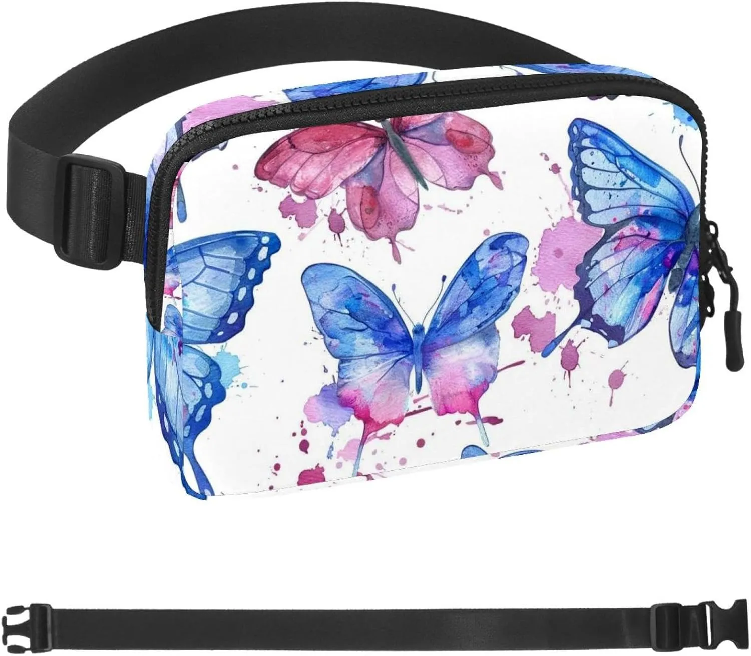 Hand Drawn Watercolor Butterflies Fanny Packs for Women Men, Crossbody Belt Bag with Zipper Pockets,Waterproof Waist Packs with Adjustable Strap for Workout Running Traveling Hiking