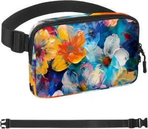 Hand-painted Floral Fanny Packs for Women Men, Crossbody Belt Bag with Zipper Pockets,Waterproof Waist Packs with Adjustable Strap for Workout Running Traveling Hiking