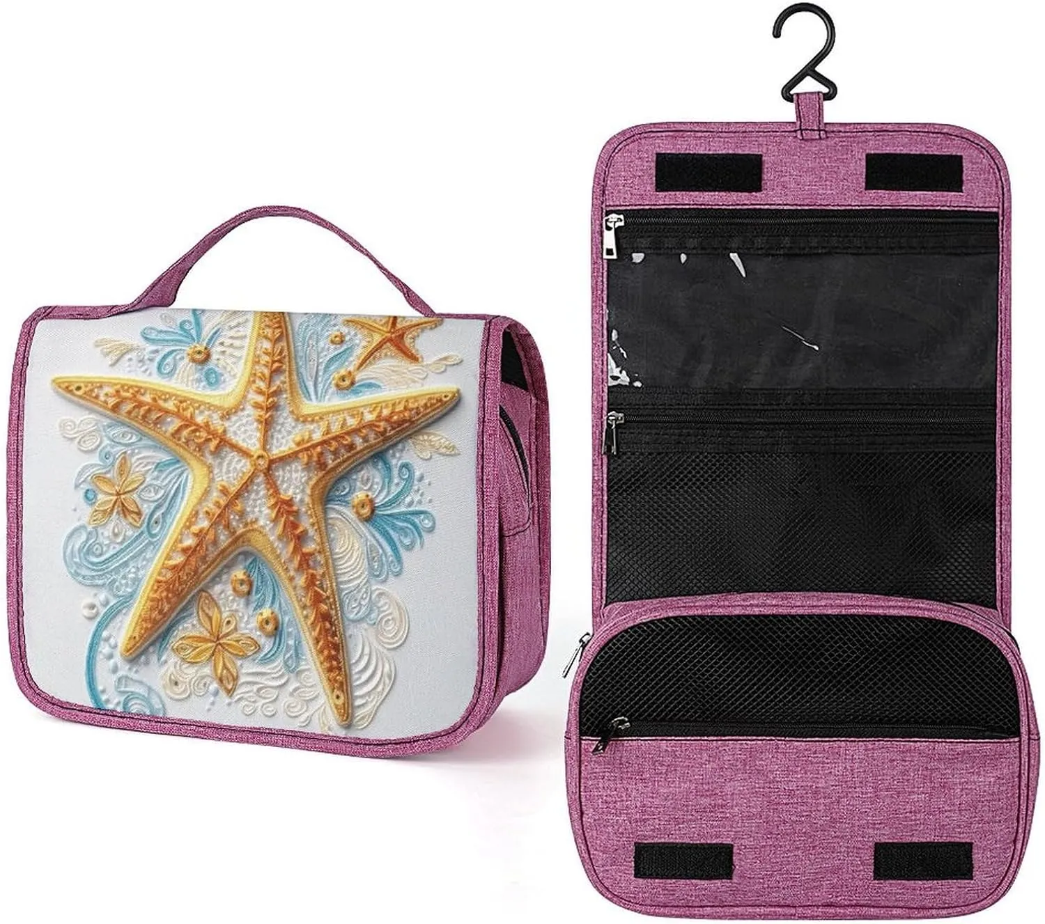 Hanging Travel Toiletry Bag for Women Delicate Starfish Printed Travel Cosmetics And Toiletries Organizer Kit Waterproof Bathroom Shower Bag