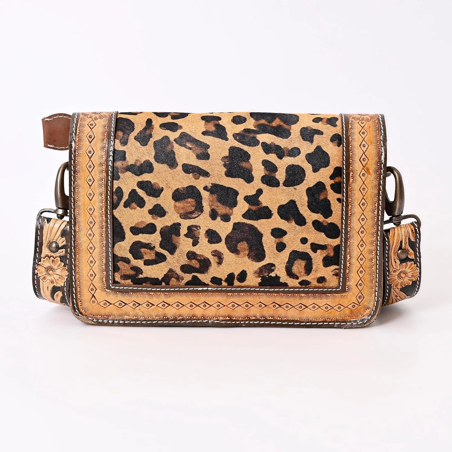 Hantooled Womens Leather Leopard Clutch Shoulder Cross body Fur HandBags Ethnic Customs Leather Purse Classic Bag
