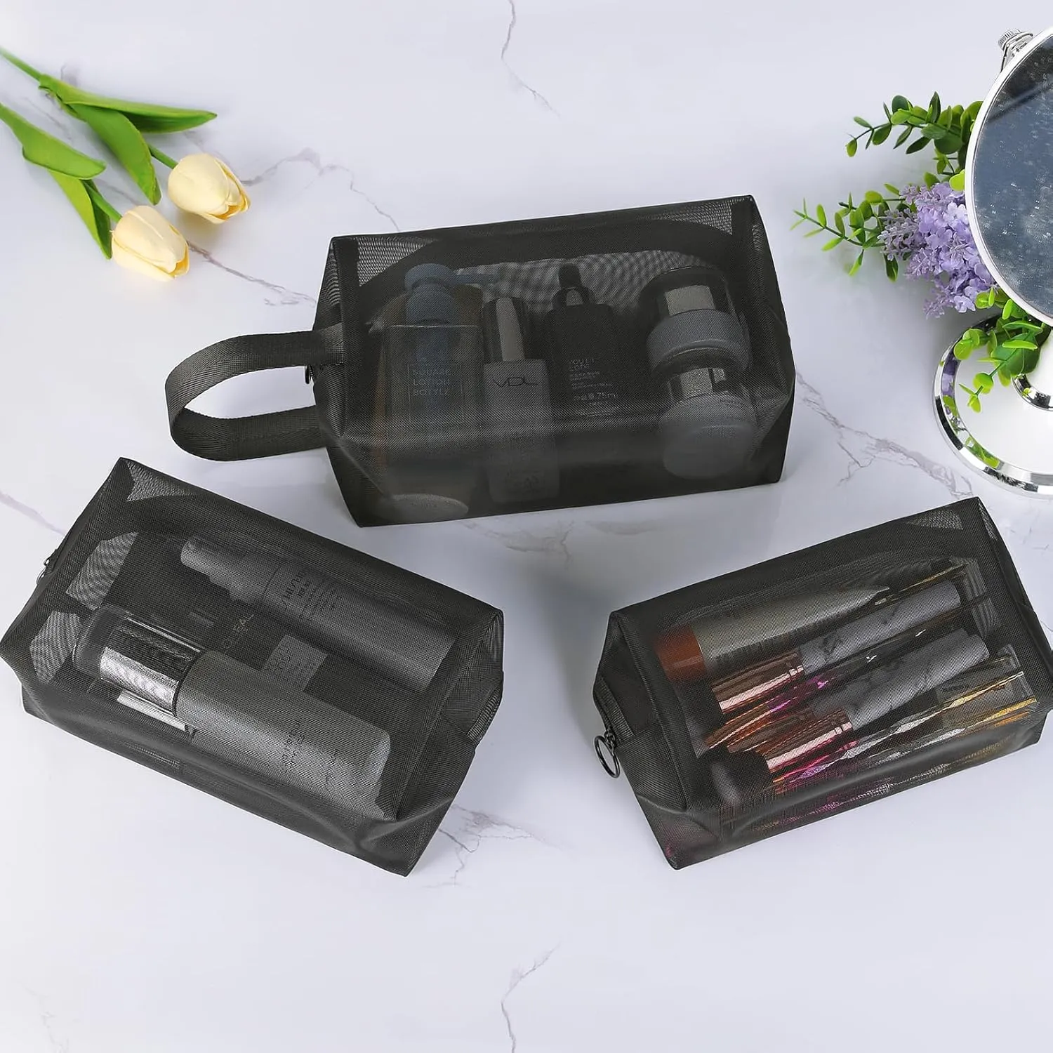 HAOGUAGUA 3 Pieces Mesh Makeup Cosmetic Bags, Mesh Zipper Travel Pouch Bags, Small Portable Organizing Pouches for Makeup Brush Snack Bag Purse Organizer Bags (Style C)