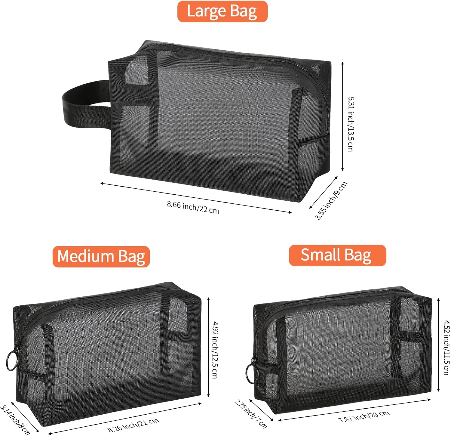 HAOGUAGUA 3 Pieces Mesh Makeup Cosmetic Bags, Mesh Zipper Travel Pouch Bags, Small Portable Organizing Pouches for Makeup Brush Snack Bag Purse Organizer Bags (Style C)