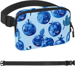 Happy Blueberry Fanny Packs for Women Men, Crossbody Belt Bag with Zipper Pockets,Waterproof Waist Packs with Adjustable Strap for Workout Running Traveling Hiking