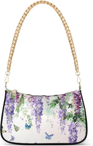 Hobo Bags for Women Purple Flowers Butterfly Tote Purses Small Handbags with Chain 20855214