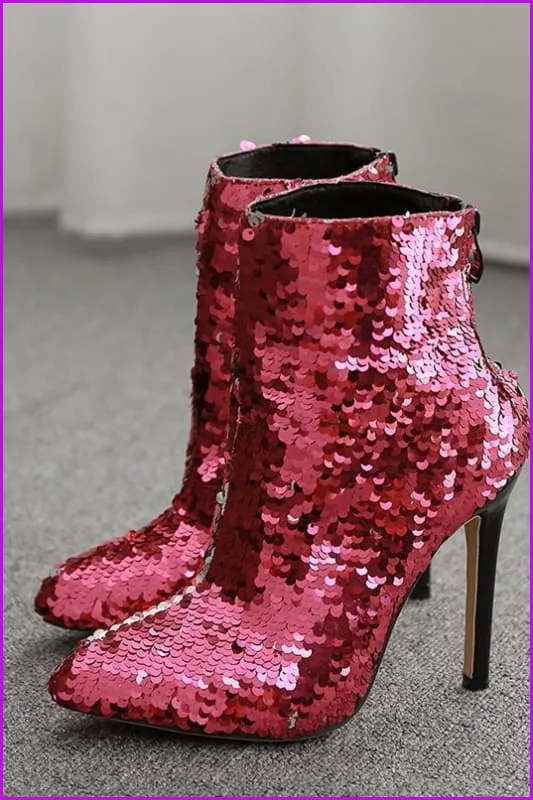 Hot Pink Blingbling Sequin High Heels Boots F328