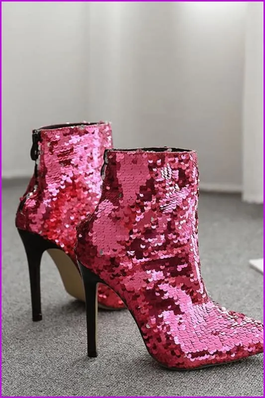 Hot Pink Blingbling Sequin High Heels Boots F328